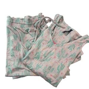 Jaclyn Intimates Pajama Set L White Cactus Print Tank Shorts Loungewear Comfy